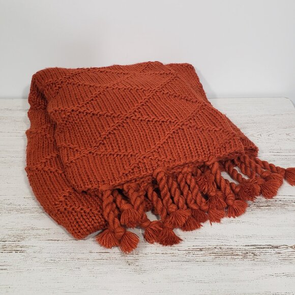 Pottery Barn  Burnt Orange Knitted Diamond Pattern Blanket Throw 54 X 78 - Picture 1 of 5